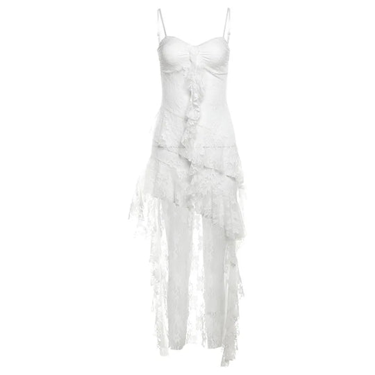 Women Dress Sexy Patchwork Mesh Strapless Irregular Waist Ruffled