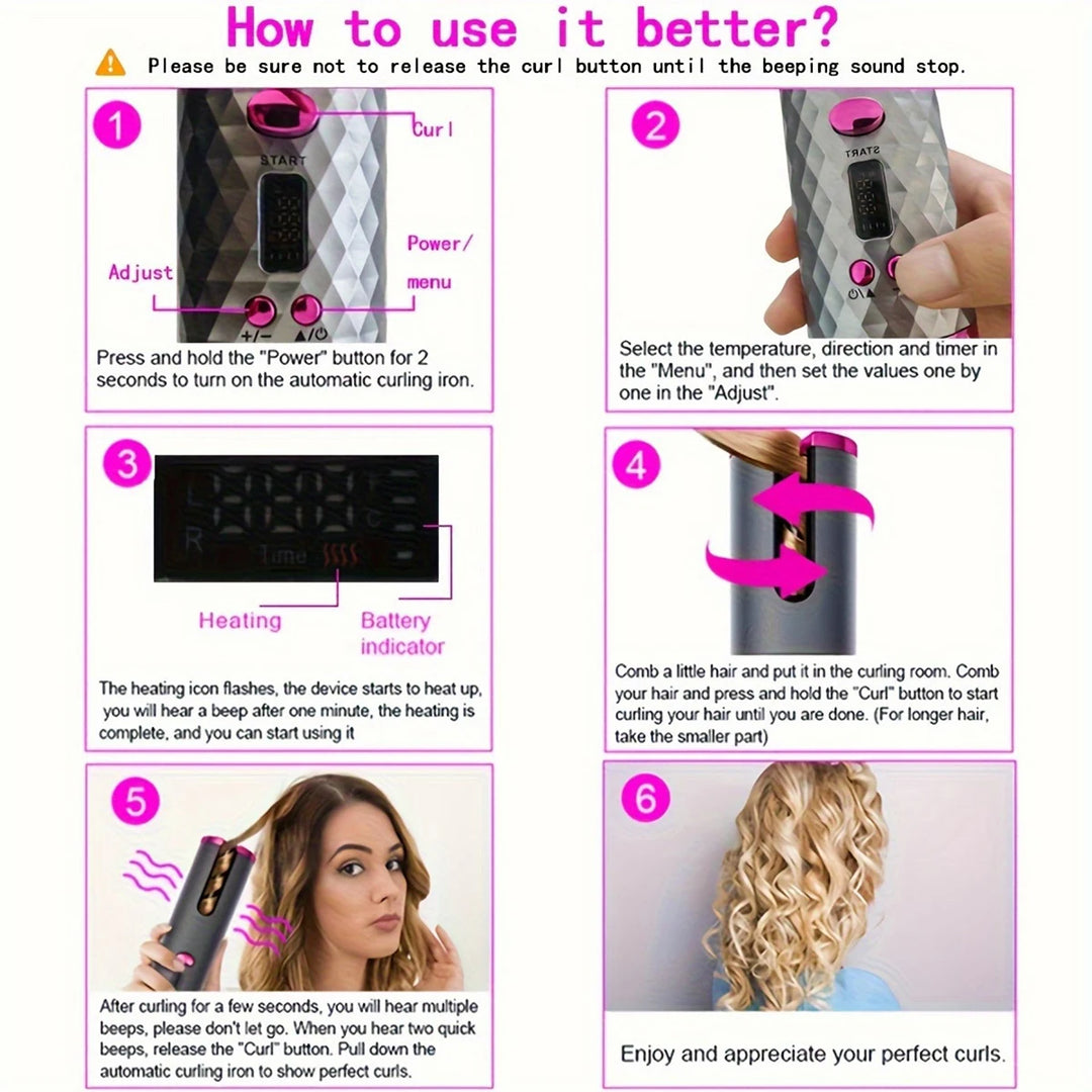 Automatic Rotation Iron, Cordless Iron, 6 Temperature Modes LCD Display Cordless Automatic Hair Roller for wavy hair