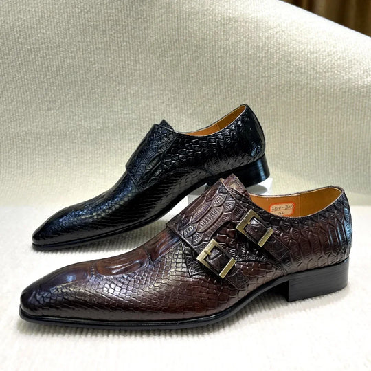 Men's Italian Genuine Leather Formal Oxford Shoes Python Crocodile Pattern Button Detailing for Office Party Wedding Footwear