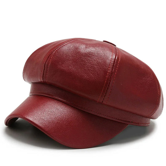 Women Men PU Leather Berets Hat Retro British Solid Beret Baseball Cap Outdoor Sun Hat Winter Warm Octagonal Hats Newsboy Caps