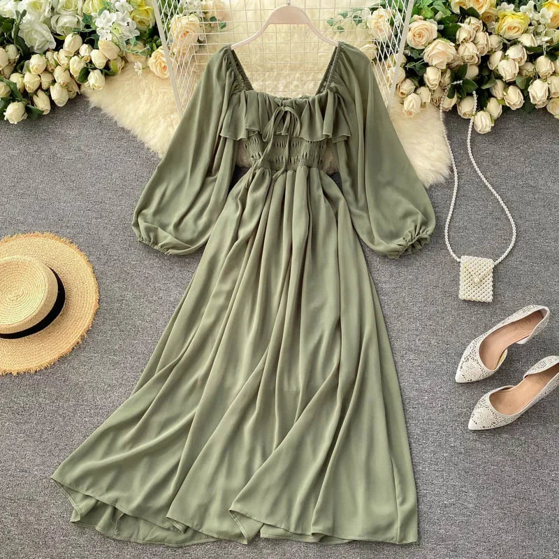 Woherb Chic Elegant Square Collar Maxi Dress Women Solid Chiffon Puff