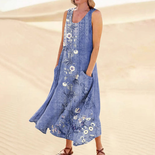 Women's Summer Casual Retro Dresses Beach Cover Up With Pockets Plus Size Loose Cotton Linen T-shirt Dress Beach Long Dress