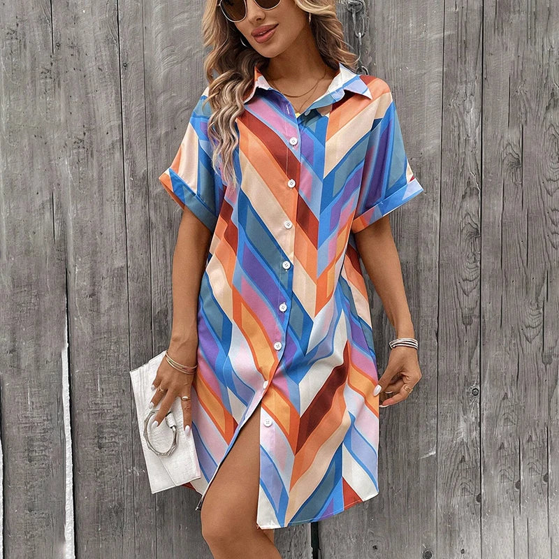 2024 New Summer Striped Printed Women's Dresses Outdoor Fashion Shirt