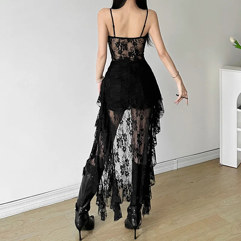 Women Dress Sexy Patchwork Mesh Strapless Irregular Waist Ruffled