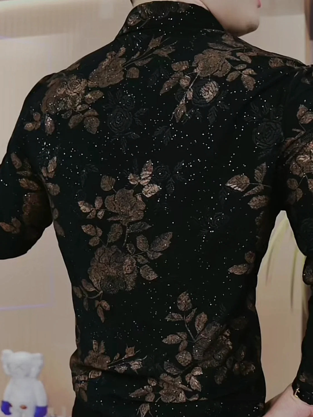 New Long-sleeved Printed Lapel Shirt Versatile Men Fashionable Thick Korean Button Sequins