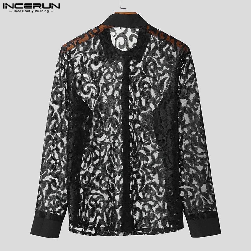 Men Shirt Mesh Transparent Jacquard Lapel Long Sleeve Streetwear Sexy Men Clothing 2025 Fashion Unisex Shirts S-5XL INCERUN