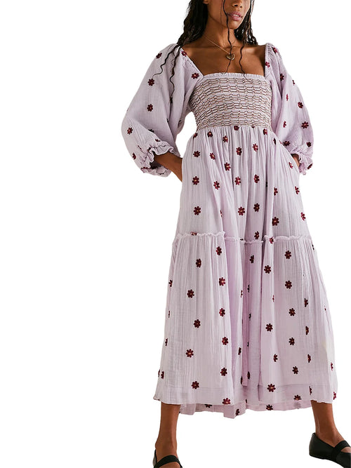 Women's Flower Embroidered Long Dress Bodycon Lantern Sleeve Square