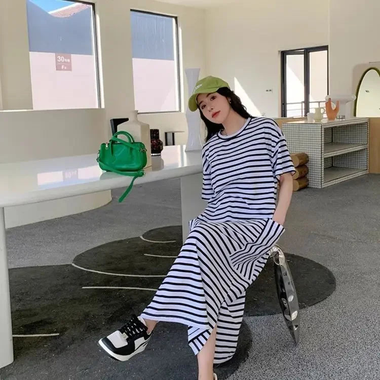 Summer New Round Neck Short Sleeve Loose Casual Tshirt Dress Women High Street Striped Patchwork Pocket All-match Maxi Dresses