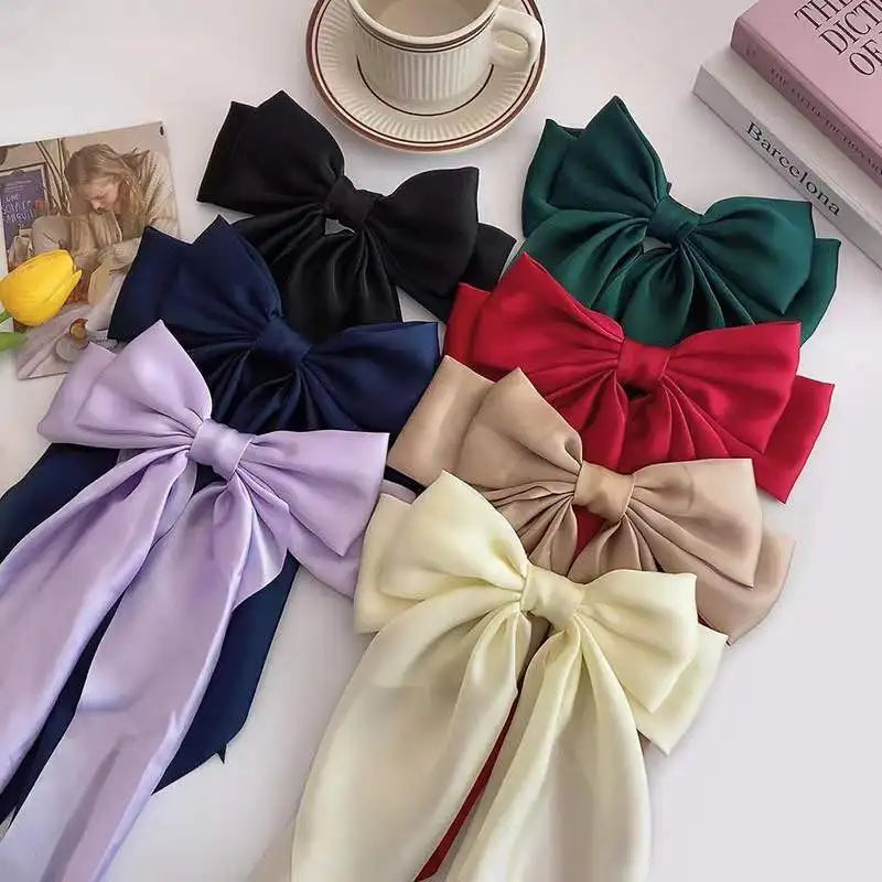 Women Bow Ribbon Hair Clip Fashion Simple Solid Satin Spring Clip Hair