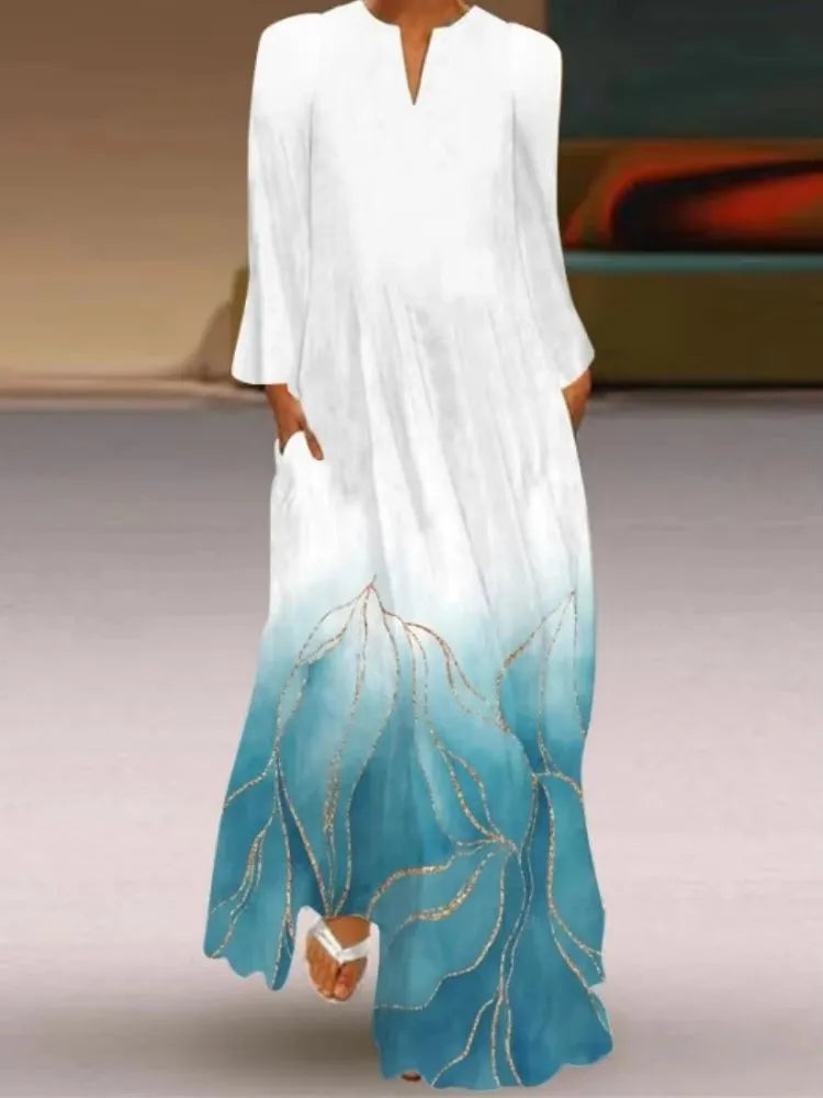 Elegant Women's Long Sleeved Dresses 2025 Spring/Summer New V-neck Pocket Loose Casual Robe Women Clothing S-5XL