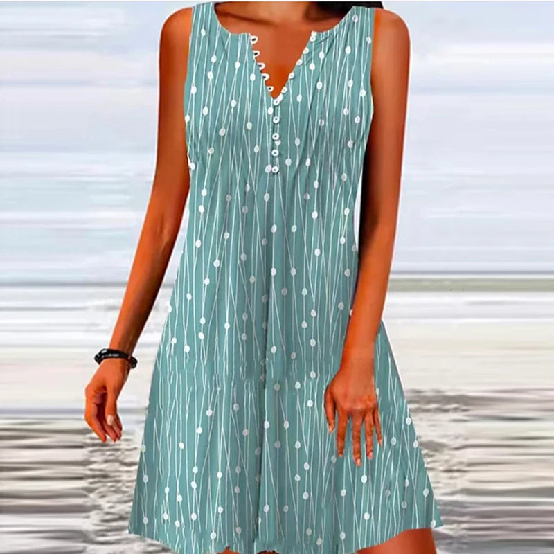 Summer Dress Women Sleeveless Button Dot Print Loose Dress Boho V Neck Casual Beach Holiday Dresses For Women