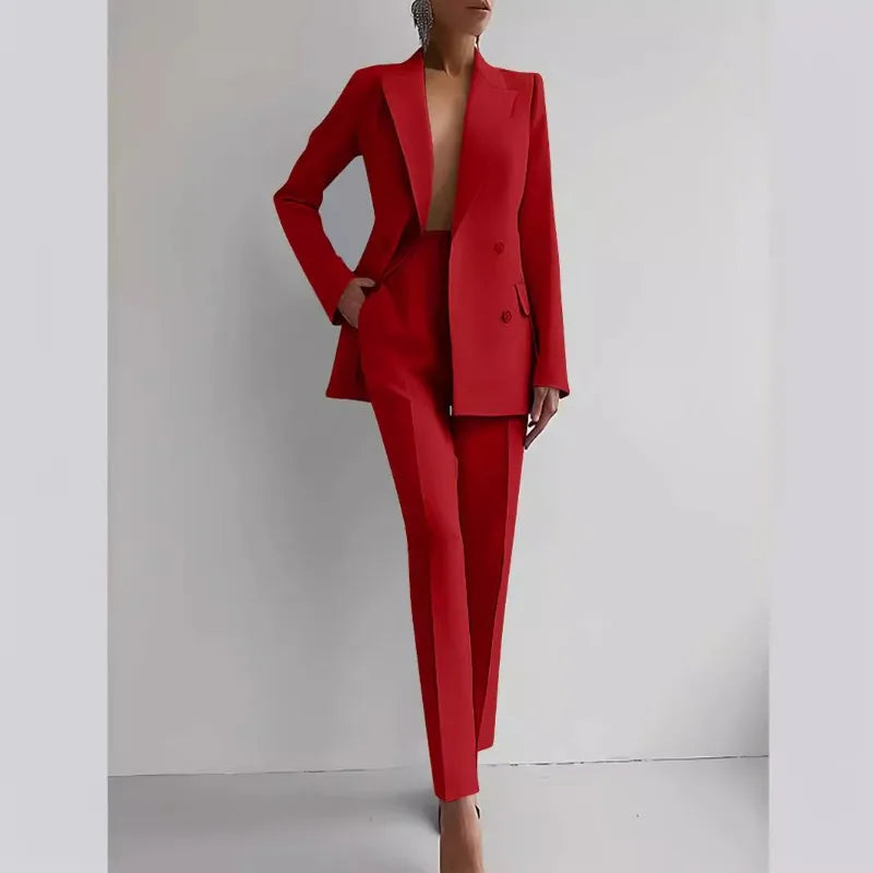 Women New 2pcs Clothes Set Solid Color Long Sleeve Blazer Jacket High