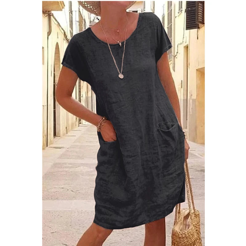 Elegant Women's Casual Dresses 2023 Summer Loose Solid Pocket Short Sleeve O Neck Cotton Linen Dress Lady Robe  Vestidos Mujer
