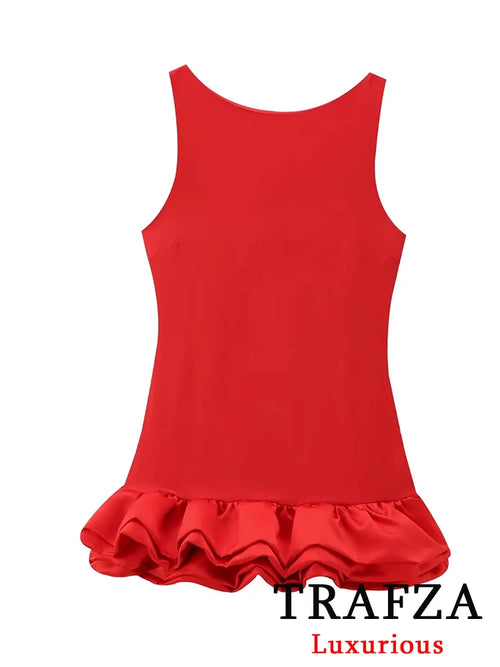 TRAFZA Vintage Chic Red Sexy Women Dress Cami Sleeveless Backless Mini