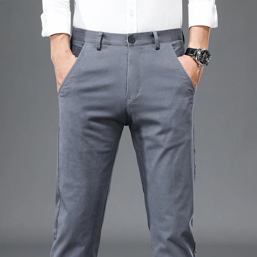 98% Cotton Casual Pants Men Solid Color Business Fashion Straight Slim