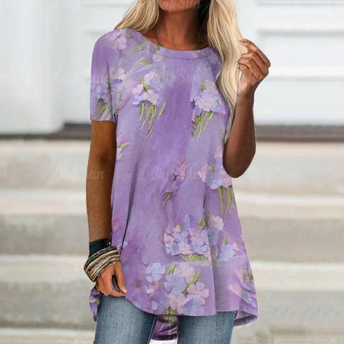 Fashion Women's T-shirt Summer O-neck Floral Print Tops Casual Short