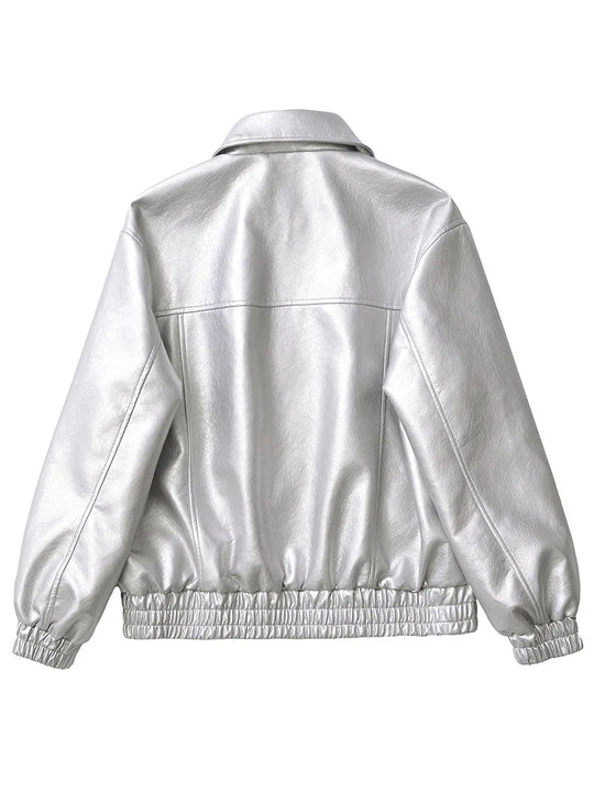 Ailegogo Streetwear Women Retro Loose Short Pu Faux Leather Jacket