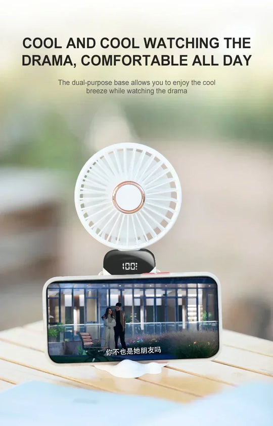 1800mAh Handheld Mini Fan Foldable Portable Neck Hanging Fans 5 Speed USB Rechargeable Fan with Phone Stand and Display Screen