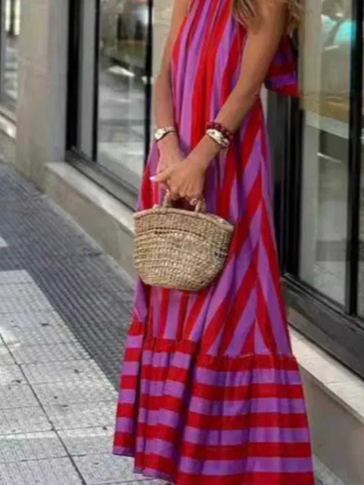 Stripe Print Halter Neck Long Dresses Women Fashion Backless Party