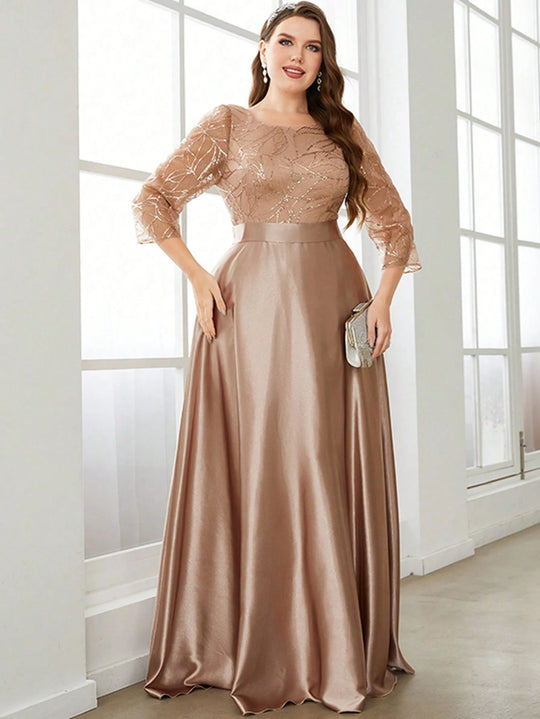 Mgiacy Crew neck long sleeve sequin patchwork satin long gown ball