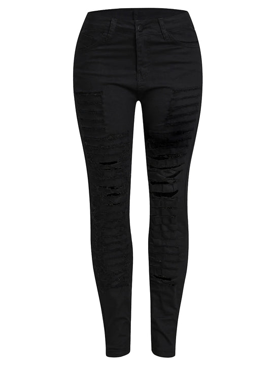 LW Mid Waist High Stretchy Ripped Solid Color Skinny Jeans Women's Clothing Street Style Denim Jeans Casual Bottoms Daily Pants