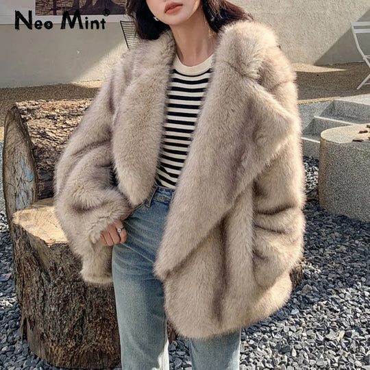 Luxury Brand Fashion Gradient Animal Color Faux Fur Coat Jacket Women