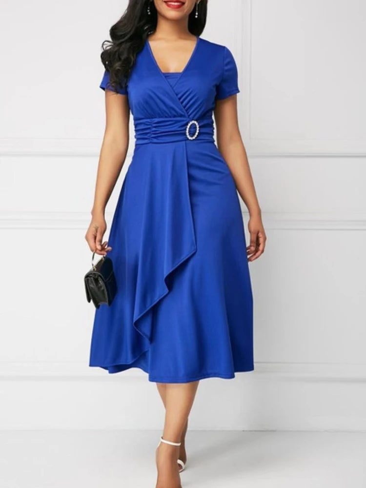 Summer Dresses Elegant Women Solid Color Short Sleeve V Neck