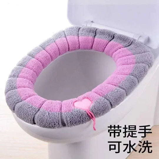 Universal Toilet Seat Cover Winter Warm Soft Seat Mat O-shaped Fleece Pad Bathroom Seat Cushion with Handle Bathroom Accessories