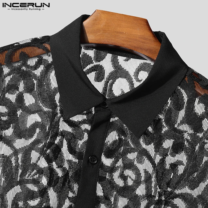 Men Shirt Mesh Transparent Jacquard Lapel Long Sleeve Streetwear Sexy Men Clothing 2025 Fashion Unisex Shirts S-5XL INCERUN