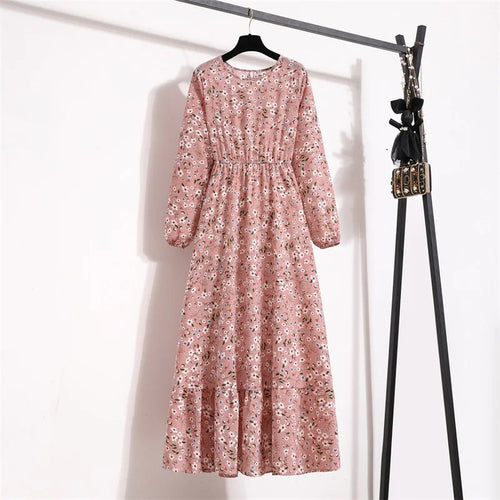 Spring Summer Women Maxi Dresses Casual Full Sleeve Floral Printed