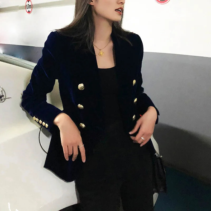 New Spring Fashion Women Midnight Navy Slim Velvet Blazer Office Lady