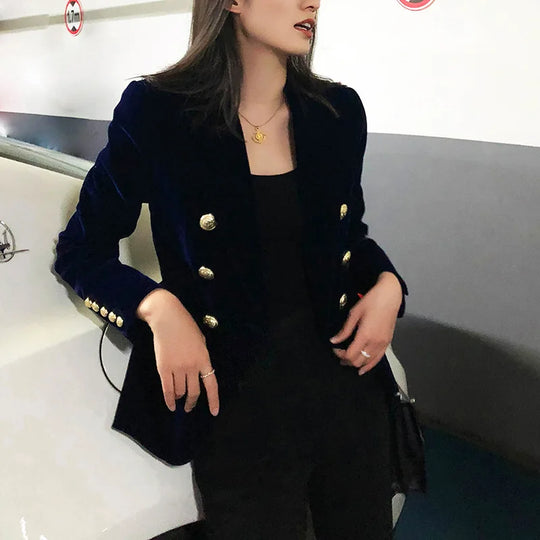 New Spring Fashion Women Midnight Navy Slim Velvet Blazer Office Lady