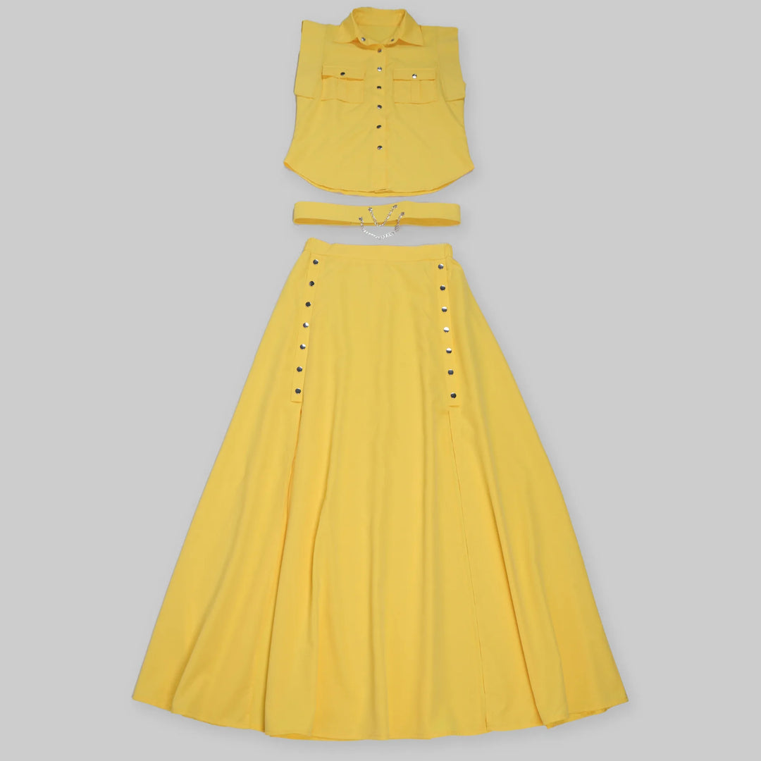 Women's Casual Solid Color Sleeveless Button Front Shirt Blouse and High Waist Big Swing Skirt 2pcs Set