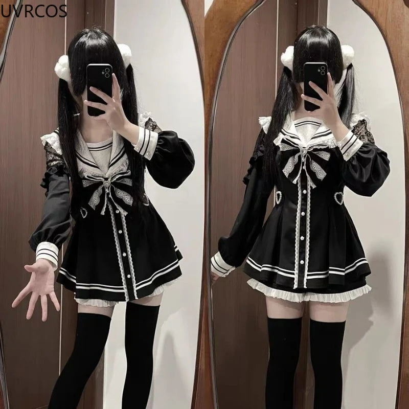 Japanese Style Gothic Y2k Lolita Bow Dress Shorts Set Women Vintage