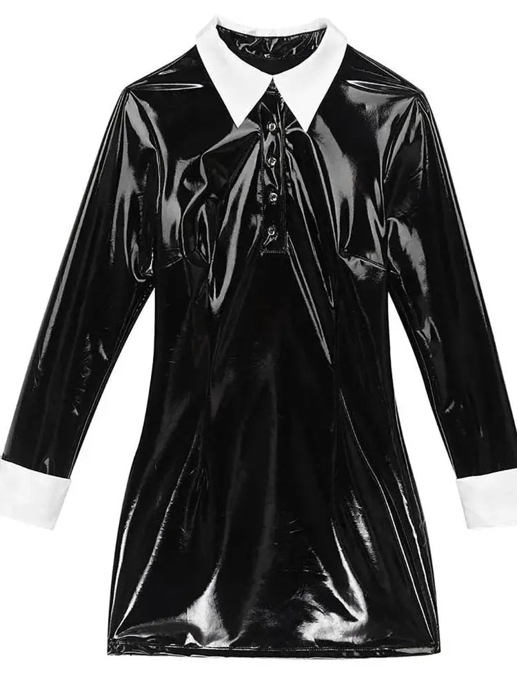 Long Sleeve Turn-down Collar Wet Look PVC Vestido Shiny PU Leather Hot