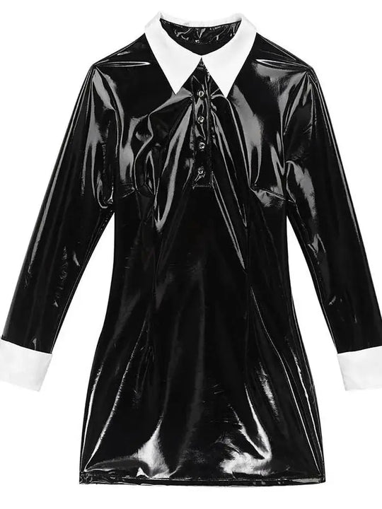 Long Sleeve Turn-down Collar Wet Look PVC Vestido Shiny PU Leather Hot