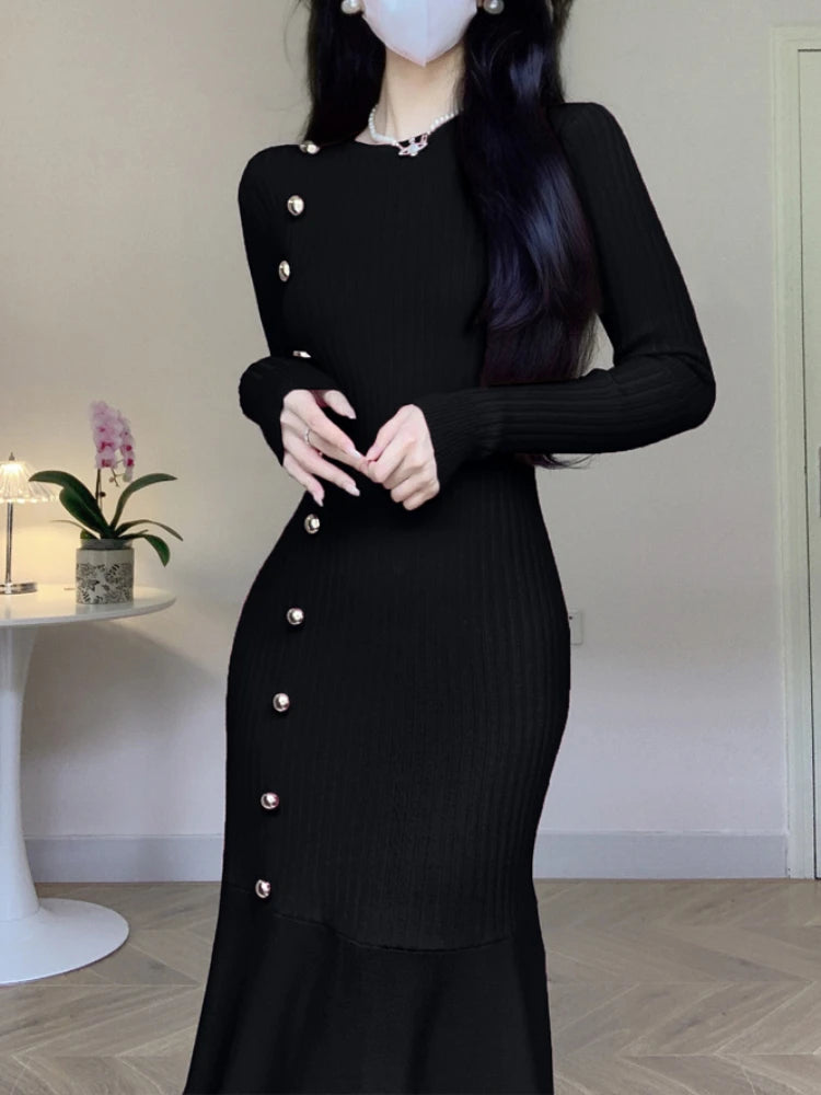 Korean Chic French Knitted Dress Women High Waist Fishtail Dresses
