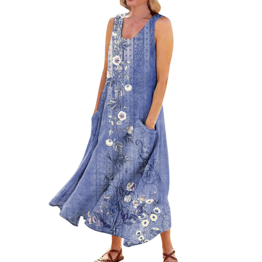 Women's Summer Casual Retro Dresses Beach Cover Up With Pockets Plus Size Loose Cotton Linen T-shirt Dress Beach Long Dress