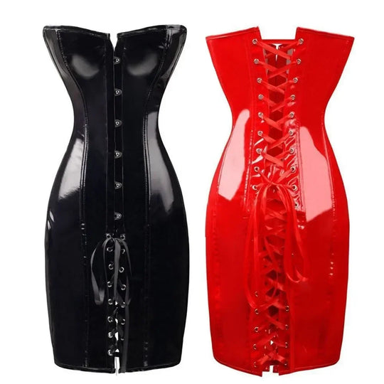 Hot Red Black Body Slim PVC Corset Sexy Club Long Bustier Dress Long