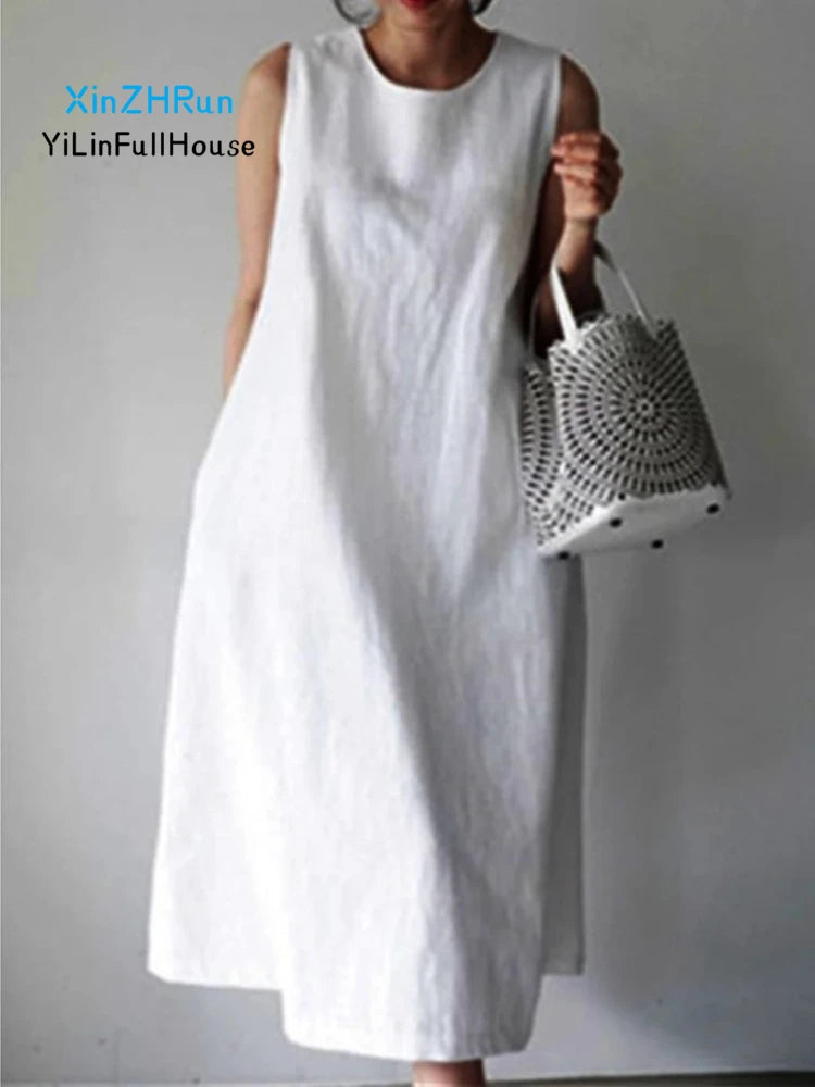 Summer New Women's Fashion Casual V-neck Pocket Sleeveless Large Tank Top Dress Korean Solid Color Loose Cotton  Hemp Long Dress
