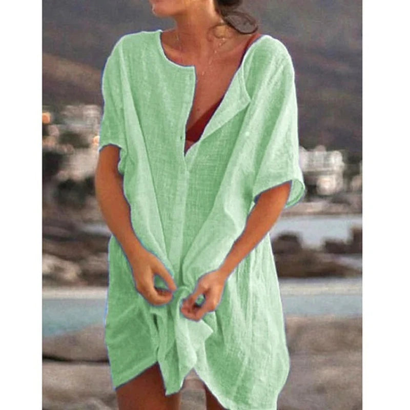 Cotton Women's Vintage Sexy Dress White Oversize Casual Beach Mini