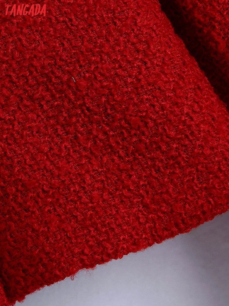 New Collection 2025 Women Vintage Red Tweed Blazer Female Long Sleeve