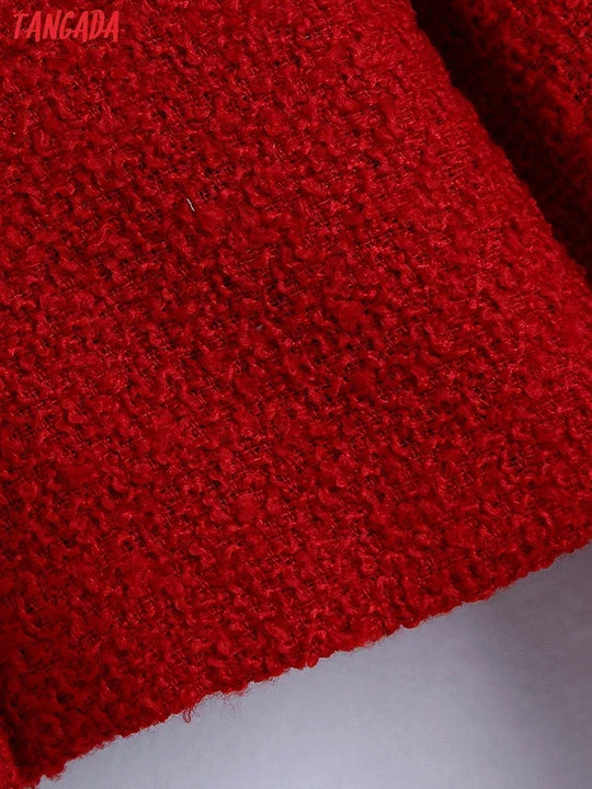 New Collection 2025 Women Vintage Red Tweed Blazer Female Long Sleeve