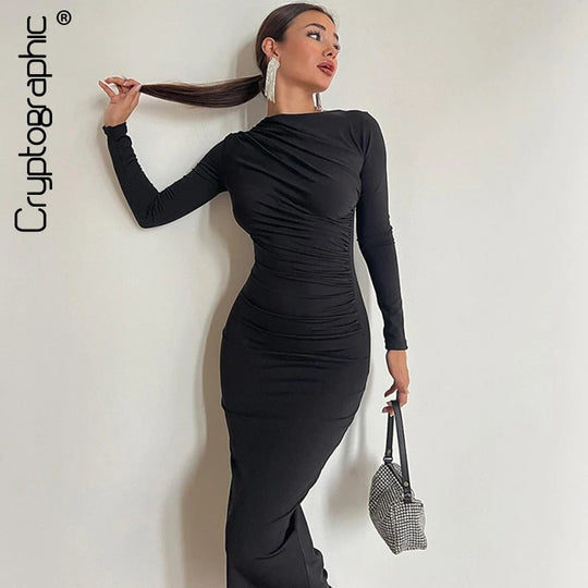 Cryptographic Autumn Elegant Ruched Long Bodycon Dress Fashion Outfits
