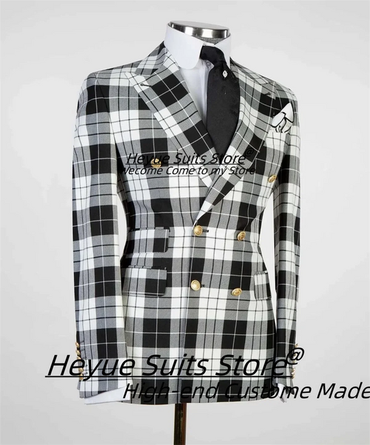 British Plaid Men Suits Slim Fit Double Breasted Groom Wedding Tuxedos 2 Pieces Sets Elegant Male Blazers Ropa Hombre