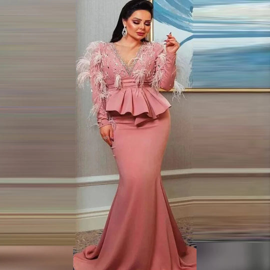 V Neck Feathers Sequins Peplum Long Sleeves Prom Dress Dubai Arabic Mermaid Evening Dresses