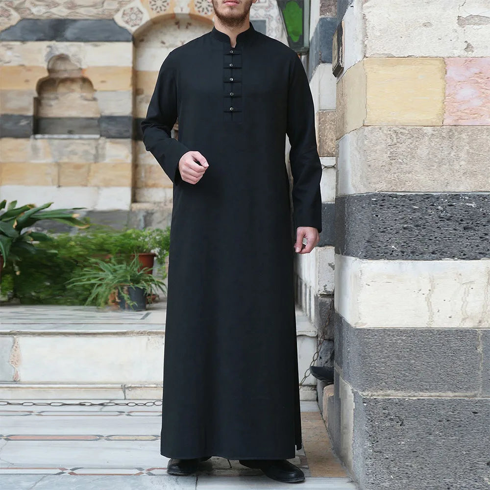 Spring Summer Fashion Style Muslim Men Long Sleeve Black Long Jubba Thobe  Muslim Men Clothing