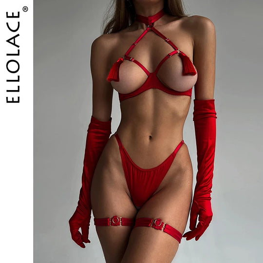 Ellolace Sensual Tassel Fetish Lingerie See Through Open Bra Bilizna
