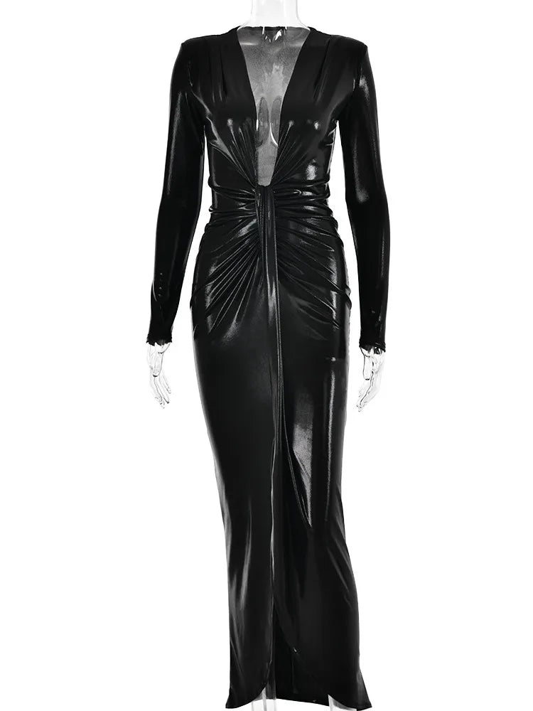 Articat Sexy Deep V Long Sleeve Lace Up Pleated Dress For Women
