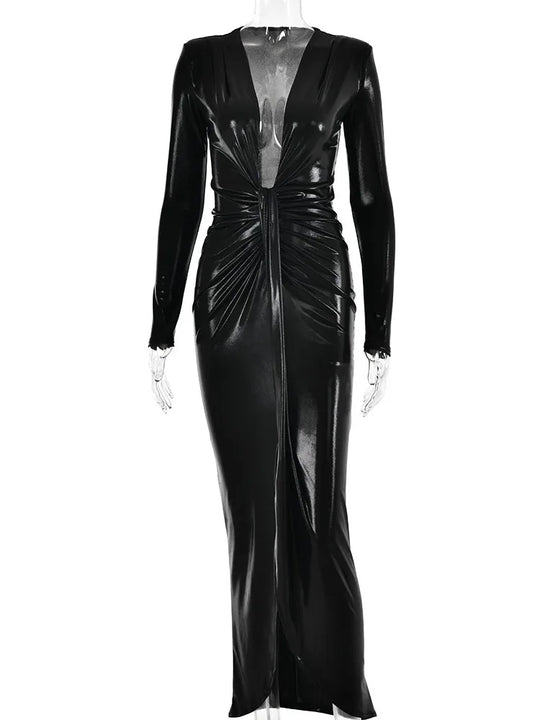 Articat Sexy Deep V Long Sleeve Lace Up Pleated Dress For Women